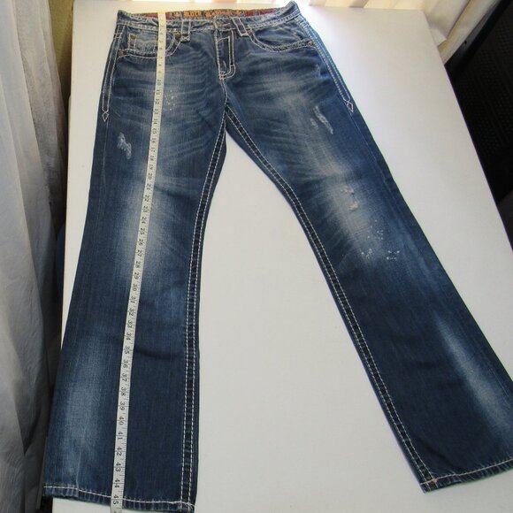 Rock Revival Men's Relaxed Distressed Straight-Fit Bootcut Blue Jeans Size 34 - Picture 12 of 14
